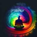 A person sitting in the lotus pose and meditating with rainbow light around them. Created with Generative AI