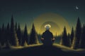 a person sitting in the middle of a forest at night, yoda meditation, generative ai Royalty Free Stock Photo