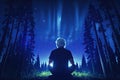 a person sitting in the middle of a forest at night, yoda meditation, generative ai Royalty Free Stock Photo