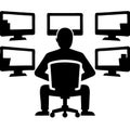 Person Sitting in Office Chair Surrounded by Multiple Computer Monitors for Digital Work Royalty Free Stock Photo