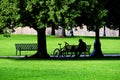 Man Sitting on Park Bench with Bike Silhouette Green Grass and Trees Royalty Free Stock Photo