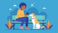 A person sitting on a park bench with their service dog deep in conversation with a the while the dog rests its head in