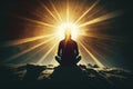 person, sitting peacefully in meditation pose, with sunbeams shining down