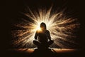 person, sitting peacefully in meditation pose, with sunbeams shining down