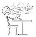 Person Sitting in Restaurant and Eating Very Hot Chilly Food, Fire Coming From Mouth, Vector Cartoon Stick Figure