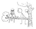 Person Sitting on Tree Watching Skeleton Beside , Vector Cartoon Stick Figure Illustration