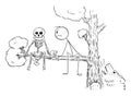 Person Sitting on Tree Watching Skeleton Beside , Vector Cartoon Stick Figure Illustration