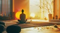 A person sitting on a yoga mat in a room Royalty Free Stock Photo