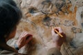 person sketching a stone age cave painting replica