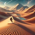 A person skiing down a sand dune in the desert, photorealisti