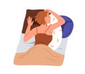 Person sleeping on stomach. Woman asleep in belly position with orthopedic pillow, lying under blanket. Girl dreaming
