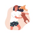 Person sleeping together with cute cat, dog on bed. Pet owner, kitty, puppy asleep, lying on pillow. Kitten, pup doggy