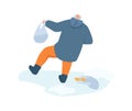 Person slipping on ice while holding a grocery bag, winter accident scene. Elderly slipping on icy pavement, winter
