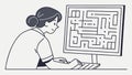 Person Solving a Maze on a Computer Screen, Problem-Solving Concept, vector design Generative AI Royalty Free Stock Photo