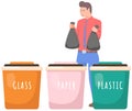 Person sorting garbage for recycling. Man putting rubbish in plastic, glass, paper containers