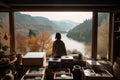 person, sorting and organizing belongings, with view of peaceful natural setting