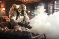 A person with special protective clothing and a gas mask spraying in a room with a sprayer for pests bugs and mites