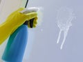 Person spraying window cleaning detergent