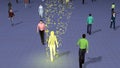 Virus spreading from person to crowd of people . View 4 . 3d rendering