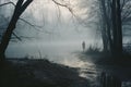 a person standing alone in the foggy woods