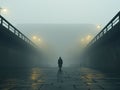 a person standing alone in the middle of a foggy street