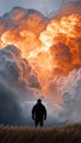 Person Standing in Awe of Dramatic Cloud Formations During a Breathtaking Sunset Over Horizon Royalty Free Stock Photo
