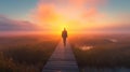 person standing on a boardwalk, admiring the sunrise over a misty marshland generative ai