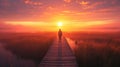 person standing on a boardwalk, admiring the sunrise over a misty marshland generative ai Royalty Free Stock Photo