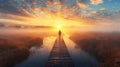 person standing on a boardwalk, admiring the sunrise over a misty marshland generative ai Royalty Free Stock Photo