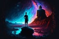 Person standing on a cliff edge staring into a far off galaxy, Abstract illustration, AI Generative