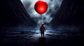 Person standing in dark area with red balloon in the air. Generative AI Royalty Free Stock Photo