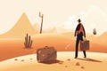 A person standing in the desert with a suitcase full of money that evaporated in a failed attempt at financial success