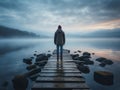 a person standing on a dock in front of a misty lake Royalty Free Stock Photo