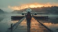 Person Standing on Dock With Plane in Background Royalty Free Stock Photo