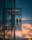 Person enjoying the beautiful view of the city on a balcony with glass walls in a tall skyscraper