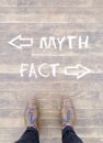 Person standing on the floor with the text myth fact and arrows written on it under the lights Royalty Free Stock Photo