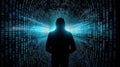 A person standing in front of a computer screen with binary code, AI Royalty Free Stock Photo