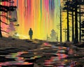 a person standing in front of a forest with colorful rainbows