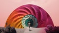 A person standing in front of a giant balloon. AI generative image.