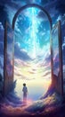 person standing in front of giant gate to heaven, generative ai