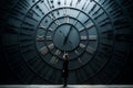 a person standing in front of a large clock Royalty Free Stock Photo