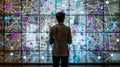 Person standing in front of a large digital screen displaying a complex network of interconnected nodes and lines, exploring data