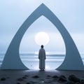 a person standing in front of a large sculpture on the beach Royalty Free Stock Photo