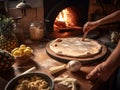 A person standing in front of a oven and preparing a pizza. AI generative image