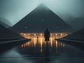 a person standing in front of a pyramid at night