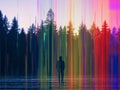 a person standing in front of a rainbow colored forest Royalty Free Stock Photo