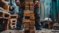 A person standing in front of a stack of wooden blocks, AI