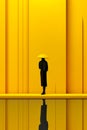 Person standing in front of yellow wall with umbrella. Generative AI Royalty Free Stock Photo