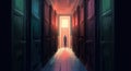 A person standing in a hallway between two doors. AI generative image. Surreal dreamlike picture.