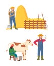 Farmers at Farm Milkmaid and Farming Man with Tool